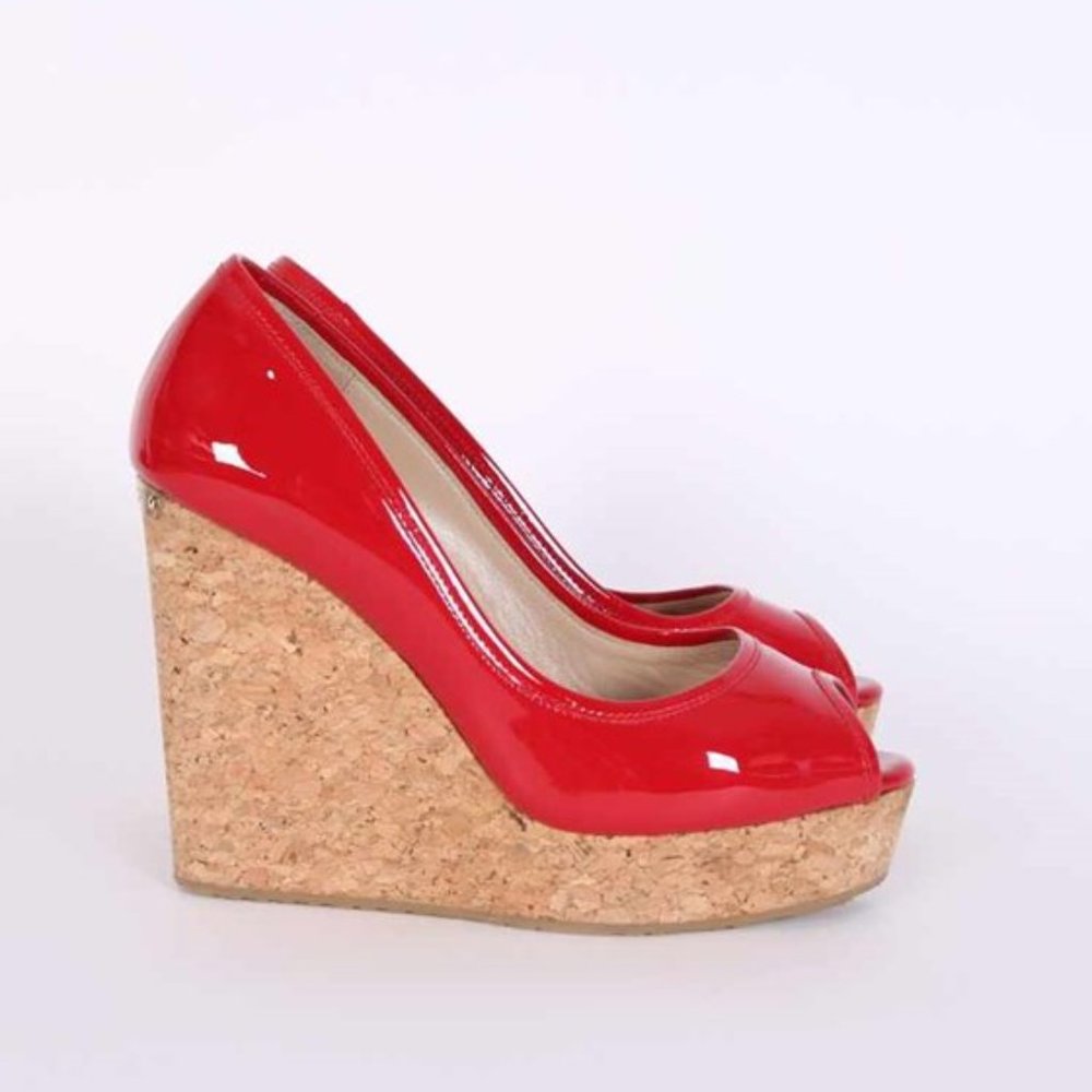 Jimmy Choo Papina Patent Leather Open Toe Cork Wedges Red